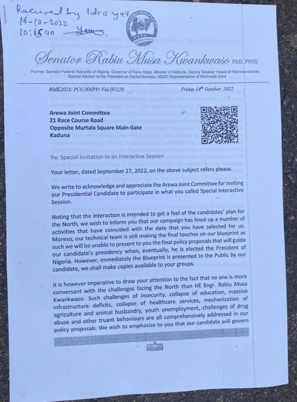 AbdulAbmJ's tweet photo. The presidential candidate of NNPP HE Senator Rabiu Musa Kwankwaso PhD, FNSE will not be attending the "Interactive session with presidential candidates" by Arewa Joint Committee scheduled for 17th October,2022. Attached letter to the committee from the  RMK Presidential Campaign https://t.co/0zhzZgx4Hk