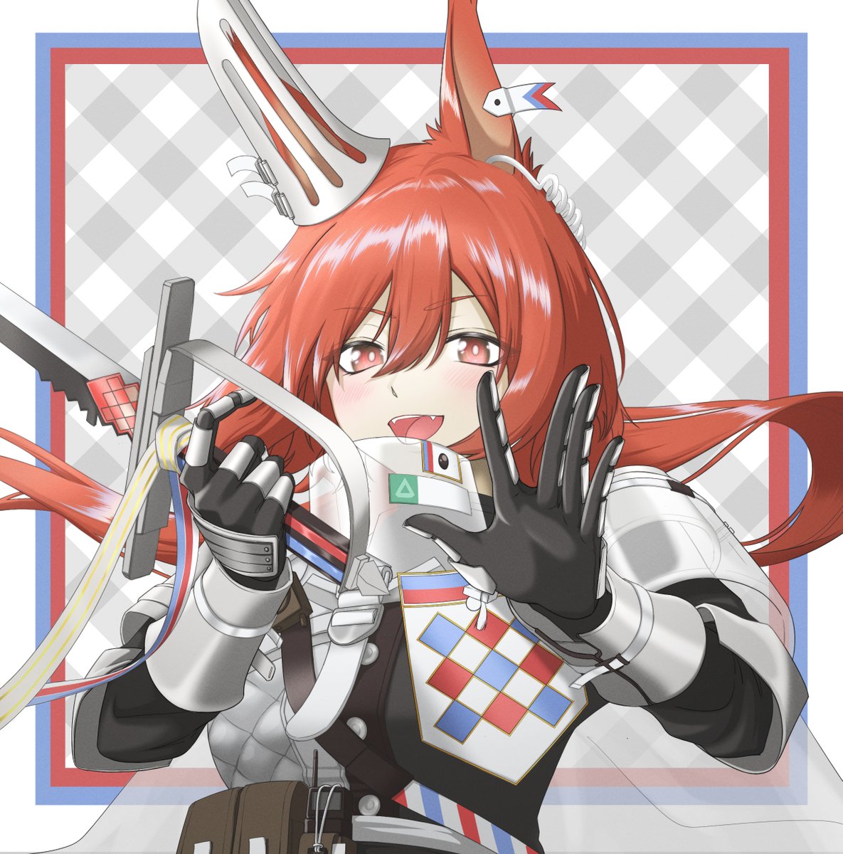 1girl animal ears solo red hair open mouth looking at viewer weapon  illustration images