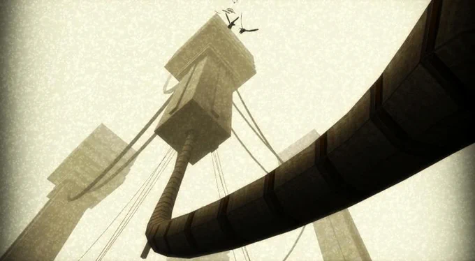 The huge industrial structures hanging in the air also somewhat reminded me of an indie game called Fibrillation. 