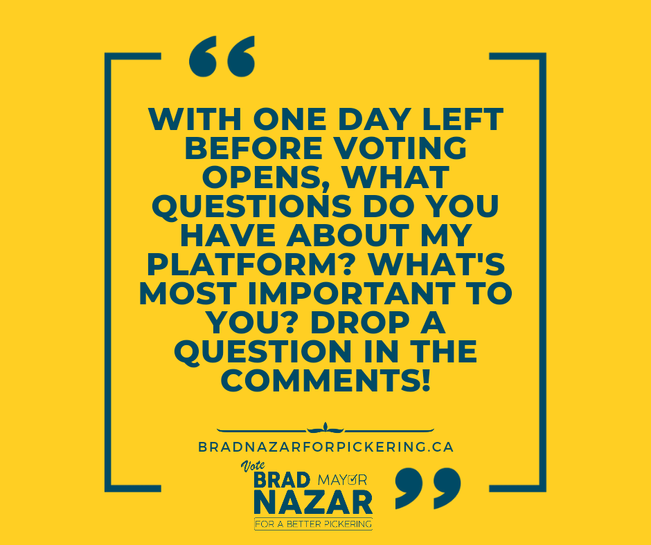 brad4pickering's tweet photo. Perspectives and ideas are far more nuanced than could ever be put on the front page of a website or captured in a 1 minute Q&amp;A. If you have questions, I have answers!
#pickering #pickeringproud #on #ontario #onpoli  #election #mayor #bradnazar #brad4pickering #brad4mayor https://t.co/maqN3uzVCu
