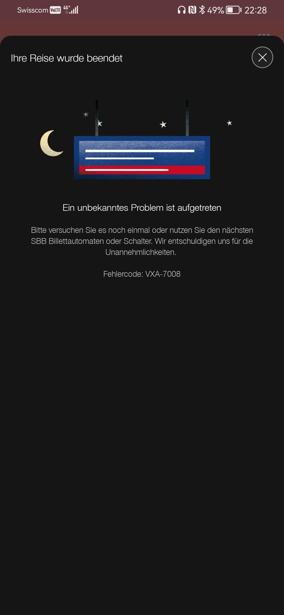 Michael_Eich's tweet photo. @RailService Gestern Nachmittag nach einer Fahrt in Thun ausgecheckt. Seit dann Versucht die App die Fahrt zu beenden. Bei Neustart des Telefons Fehlermeldung. Bis jetzt hat sich die Fahrt irgendwann immer selber beendet. Gibt es da eine Möglichkeit. https://t.co/PUewJqYUFE