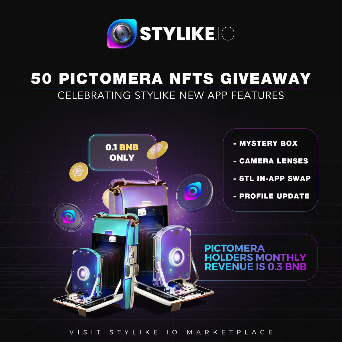 Stylike_io's tweet photo. NFT giveaway is live and everyone can now visit https://t.co/al3ghjBVNK marketplace and order pictomera with only 0.1 BNB ($27) -
Pictomera market price 0.8 BNB
pictomera monthly revenue : 0.3
https://t.co/OADcEdbfNe
#nft #DressToEarn #stylike #styl https://t.co/9q2Pli0Ivp