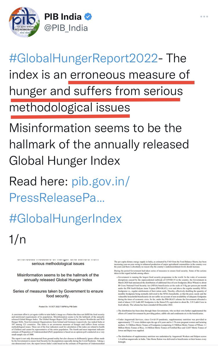 samjawed65's tweet photo. This is how it works. 
2022: ‘An erroneous measure of hunger that suffers from serious methodological issues’
2020: Yay! we improved our rank from 103 to 102
19/n https://t.co/nNQd6hk81F
