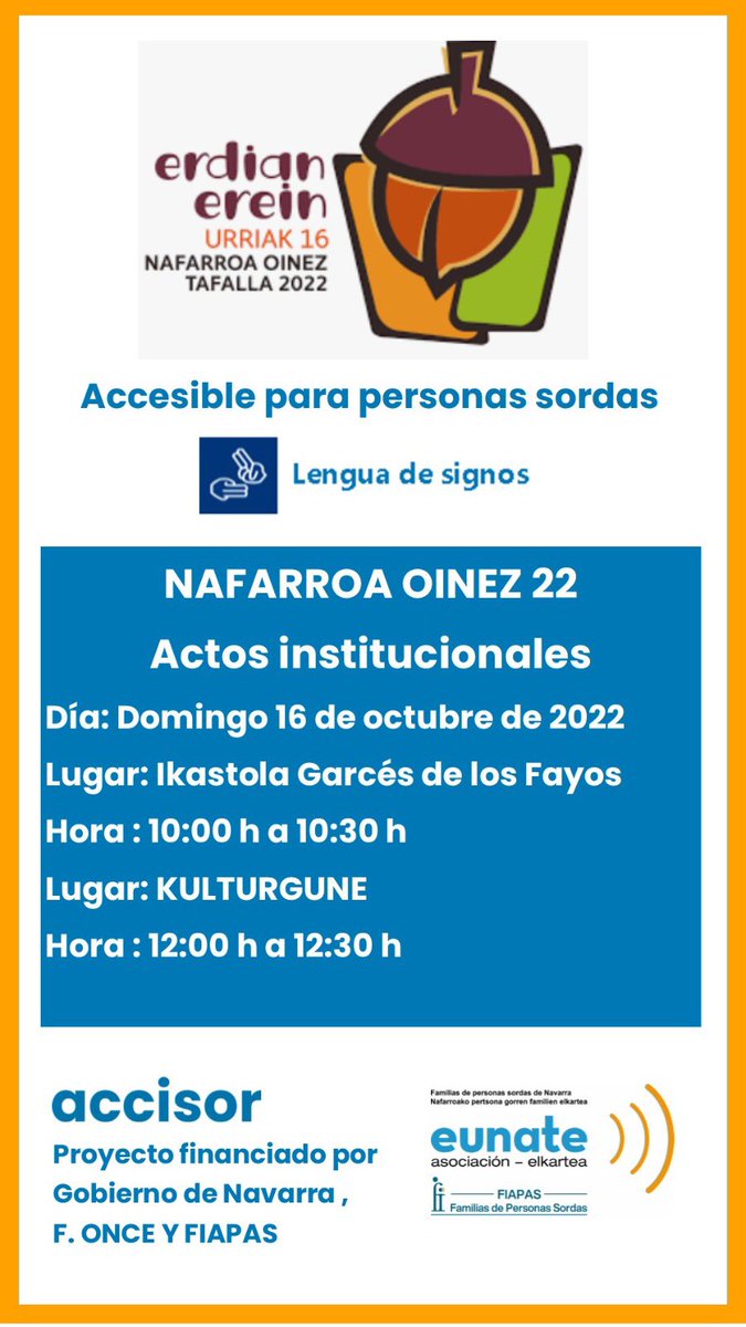 EUNATE_ASOC's tweet photo. Los actos institucionales del Nafarroa Oinez q este año organiza la ikastola Garcés de los Fayos de Tafalla, serán accesibles para personas sordas q utilizan lengua de signos ya q contarán con intérprete.
#NafarroaOinez
#interpretesls
#Tafalla https://t.co/rm5uZDX213