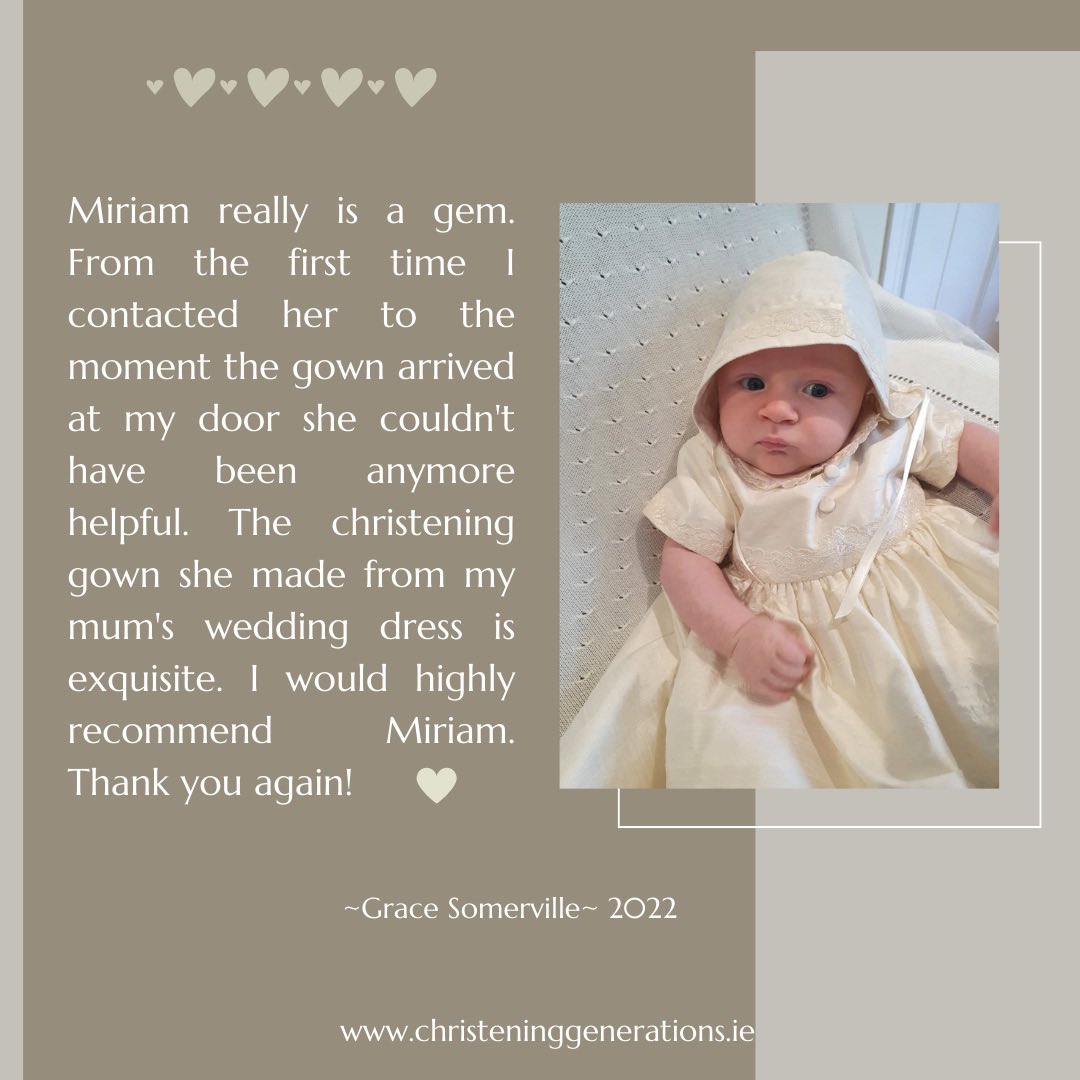 ChristeningGen's tweet photo. Always so grateful for such lovely feedback 💛 #christeninggenerations #curatorofmemories #madeincarlow #weddingdressredesign #christeninggown #Sustainability #carlow https://t.co/D63fZNWiYF