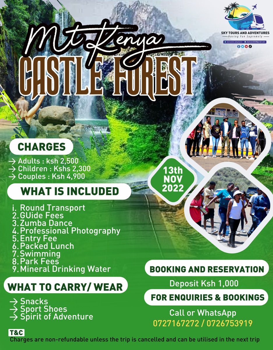 SkyTourAdvnture's tweet photo. Join us on a medium Mt Kenya Castle Forest Hike. Book through Call/WhatsApp 0727167272
#UsikuSacco #kikuyu #Somalis #MasculinitySaturday #IEBC #Vogue #Speedy #ThibaDam #Eclasico #Raila #LIVMCI #Reece #Xinjiang #Newcastleunited #Wenger #Kiambu #EricTrump #WilderHelenius https://t.co/UdOkVifvJX
