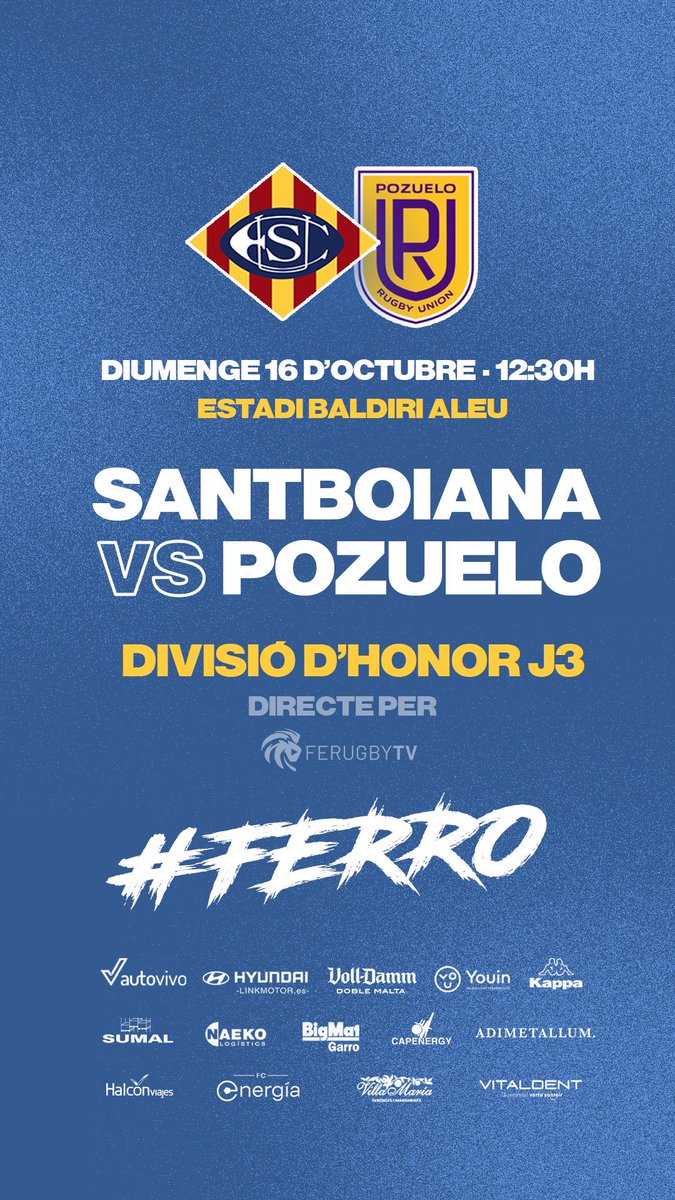 🏉 𝑫𝒊𝒂 𝒅𝒆 𝑩𝒂𝒍𝒅𝒊𝒓𝒊! Lluitarem per la primera victòria a casa! 🔥🔵

3️⃣ª Jornada DH 22/23 🏆
𝐔.𝐄. 𝐒𝐚𝐧𝐭𝐛𝐨𝐢𝐚𝐧𝐚 🆚 <a href="/PozueloRU/">Pozuelo Rugby Union</a> 

🏟 Estadi Baldiri Aleu
🕐 12.30h
📺 <a href="/xala_cat/">xalacat</a> 
🎥 Streaming: ferugby.tv/live?l=B7C8C43…

FERRO I FORÇA! 💙

#FerroSantBoi