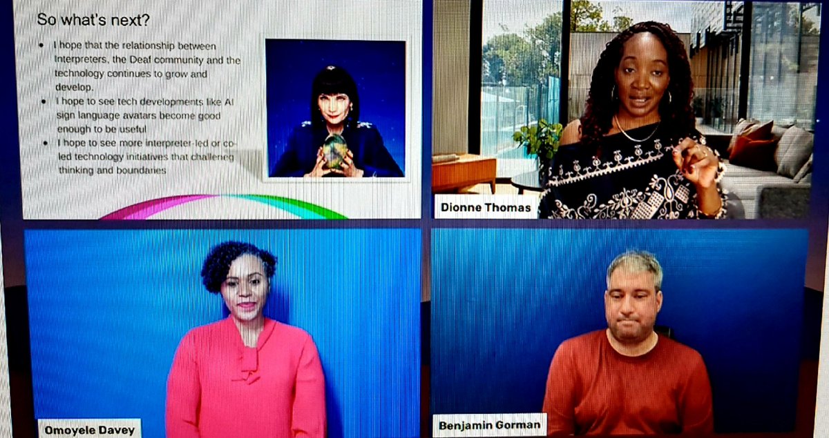 Wonderful @VLP_TerpTweets conference opener yesterday! Fantastic presenters, topics and panel discussion supported by <a href="/IoCN_1/">Interpreters Of Colour Network - IOCN</a>
Interpreters 😍🤩😍
Looking forward to today 😁 
@omoyeledavey  @BSLTranslator <a href="/BusinessTerp/">Dionne@Diverse-signs</a> #deaftranslators #BSL #Deaf #storytelling