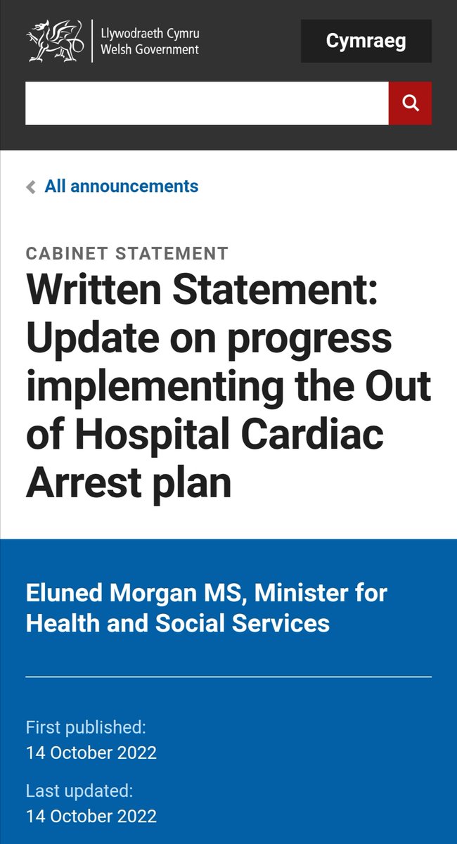 Welsh Government update on the progress made by Save a Life Cymru and the implementation of the OHCA plan.  #restartaheartday
#ReStartAHeart #SaLC
gov.wales/written-statem…