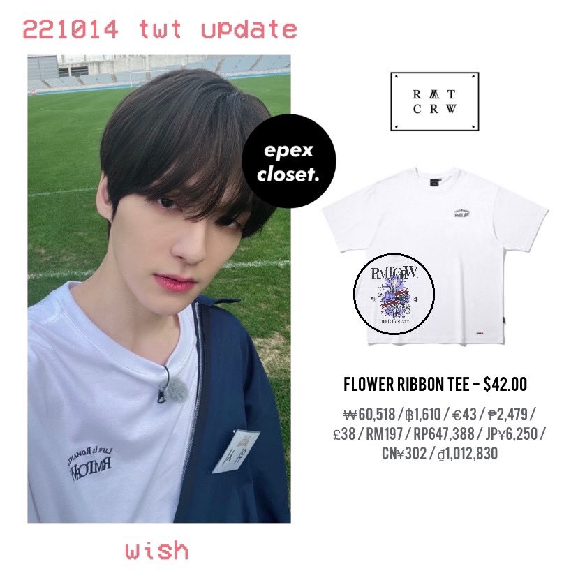 epex_closet's tweet photo. #WISH 221014 -
#ROMANTICCROWN flower ribbon tee, white

$42.00 / ₩60.518

#EPEX #이펙스 #PuppyLove #퍼피러브 #Prelude_of_Love #사랑의서 @by_EPEX @the_EPEX #EPEX_CLOSET https://t.co/BQFDW15qYr