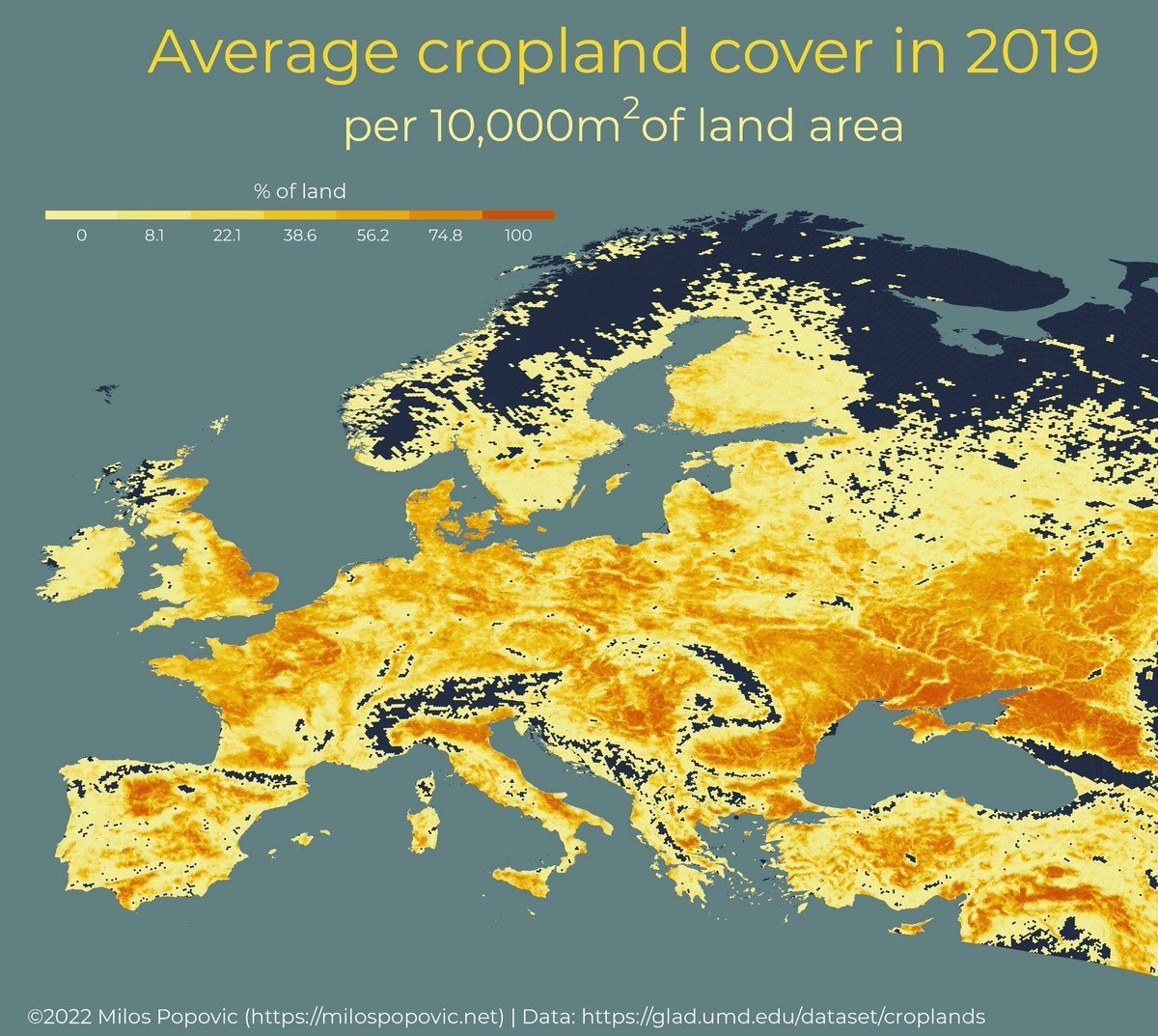 milosmakesmaps's tweet image. Today is the World Food Day so I mapped cropland as a % of land area in Europe 🌽🌾

#WorldFoodDay2022 #WorldFoodDay #agriculture #RStats #DataScience #dataviz #maps