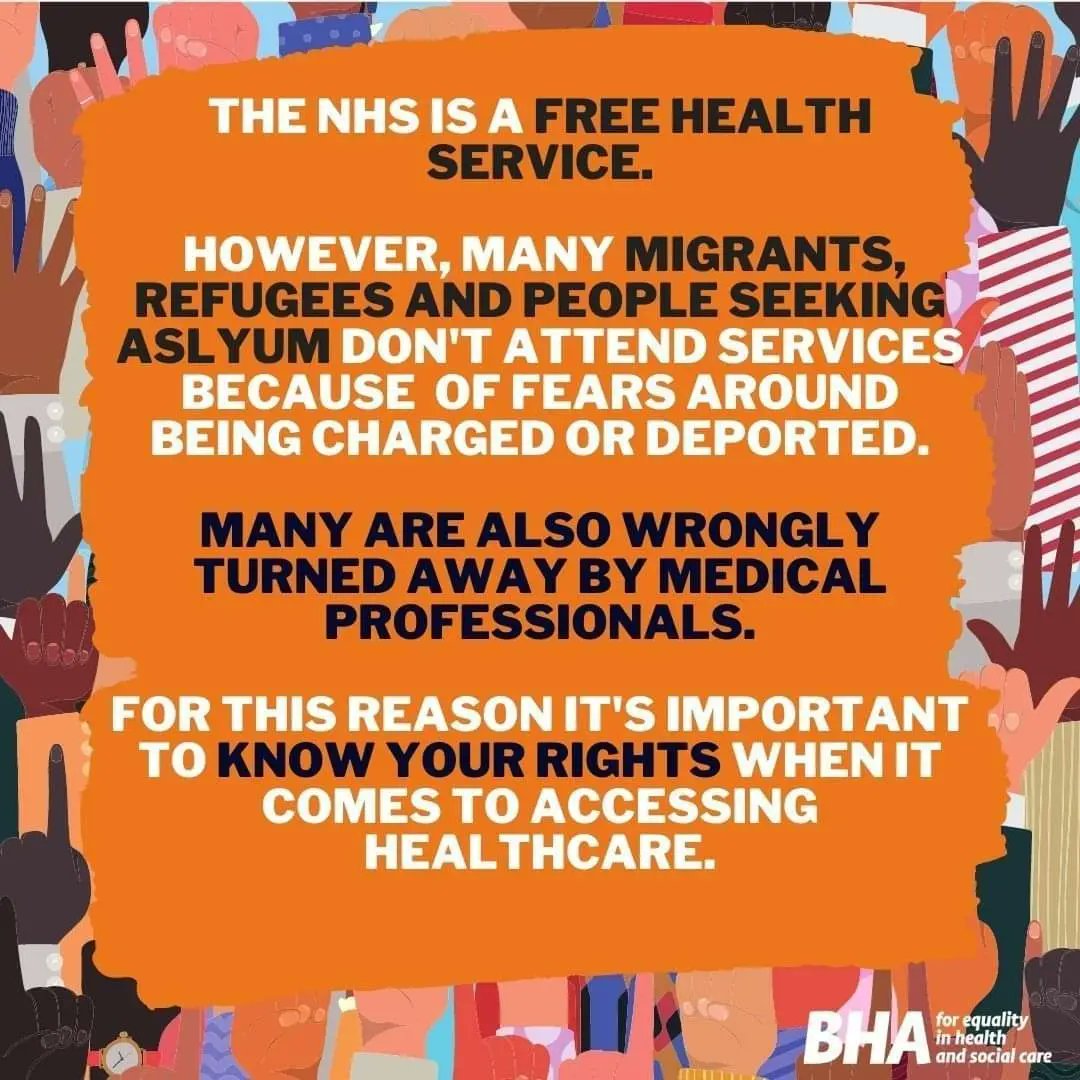 the_BHA's tweet photo. The NHS is a FREE health service which refugees and people seeking asylum have rights to access.
#GreaterManchester #sexualhealth #breakingbarriers #SORTHIV #HIVAwareness #HIVprevention #endthestigma #healthcare https://t.co/4a68sNsyDD