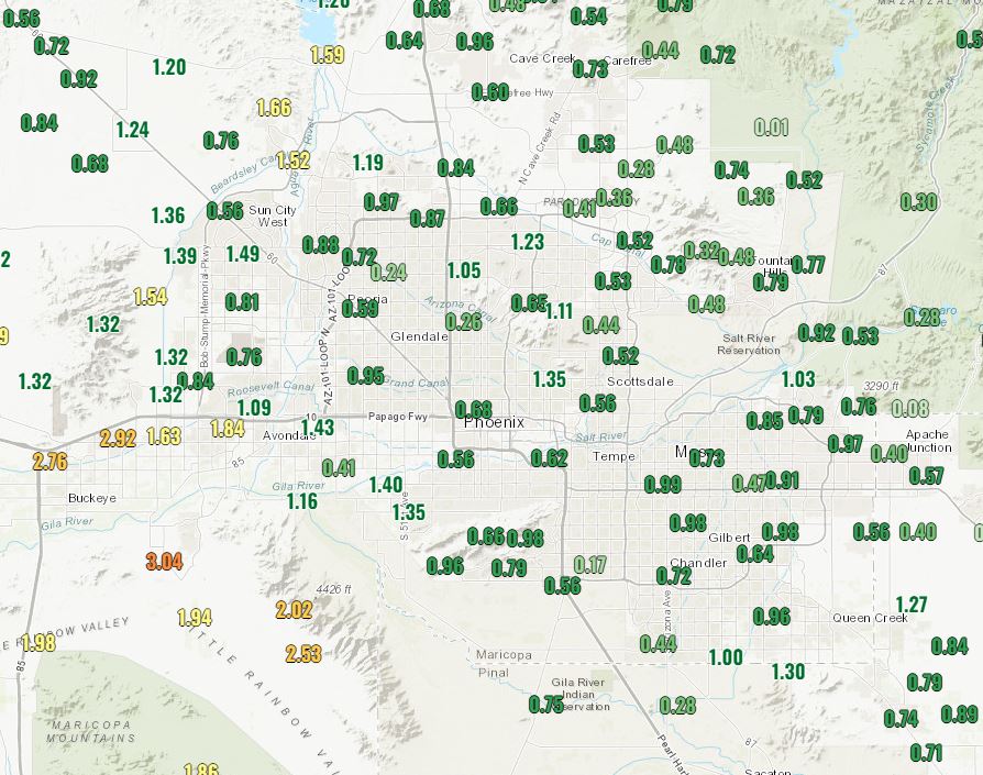 A little more zoomed in view of Saturday's rain totals. Everything from 0.25 to 3 inches across the Greater Phoenix area. Most spots were in the 0.5 to 1.0 inch range. #azwx