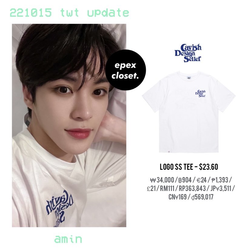 epex_closet's tweet photo. #AMIN 221015 - 
#CAVISHDESIGNSELLER logo ss tee, white

$23.60 / ₩34.000 

#아민 #EPEX #이펙스 #PuppyLove #퍼피러브 #Prelude_of_Love #사랑의서 @by_EPEX @the_EPEX #EPEX_CLOSET https://t.co/GOQcWSnAu7