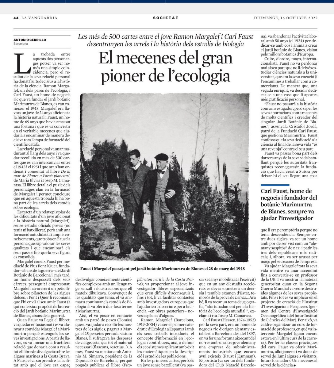'El mecenes del gran pioner de l'ecologia'. Un bon article de @acerrillo3 a @LaVanguardia, sobre la relació de l'ecòleg Ramon Margalef i Carl Faust. Imperdible!🙂👇
