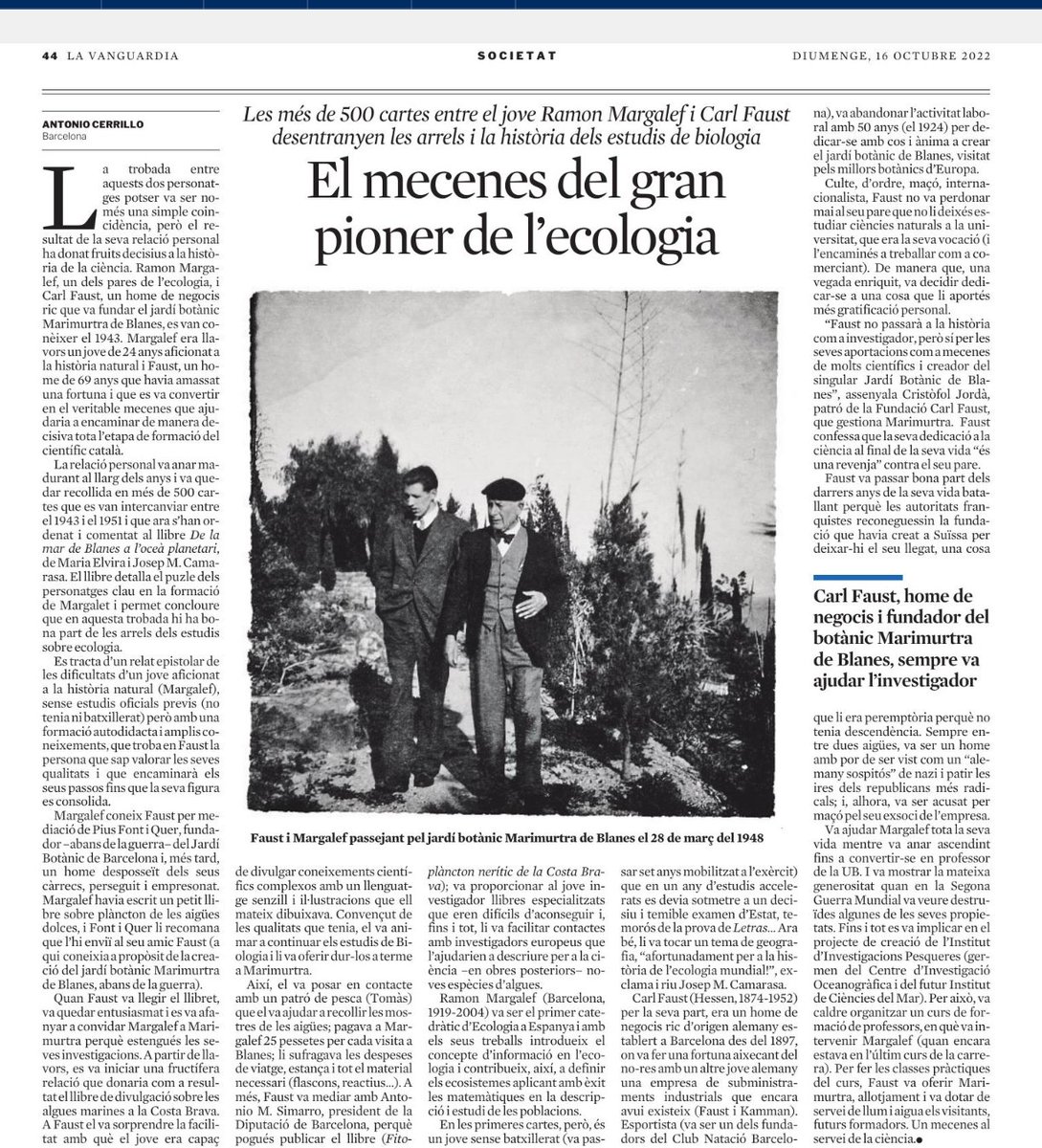 PerePousSerrat's tweet photo. "El mecenes del gran pioner de l'ecologia". Un bon article de @acerrillo3 a @LaVanguardia, sobre la relació de l'ecòleg Ramon Margalef i Carl Faust. Imperdible!🙂👇 https://t.co/6Q5nbj0AqH
