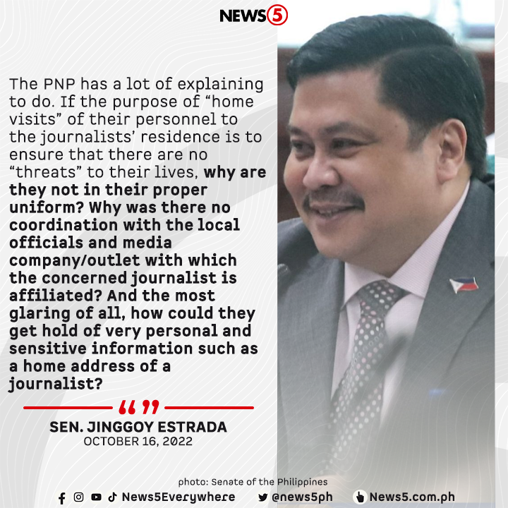 News5PH's tweet photo. Kinuwestiyon ni Sen. Jinggoy Estrada ang "home visits" ng Philippine National Police sa mga tahanan ng mga kababayan nating nagtatrabaho sa media. Ani Estrada, dapat may koordinasyon ang PNP sa mga news organization na kinabibilangan ng mga mamamahayag bago ito ginagawa. #News5 https://t.co/BpQF4DvudZ