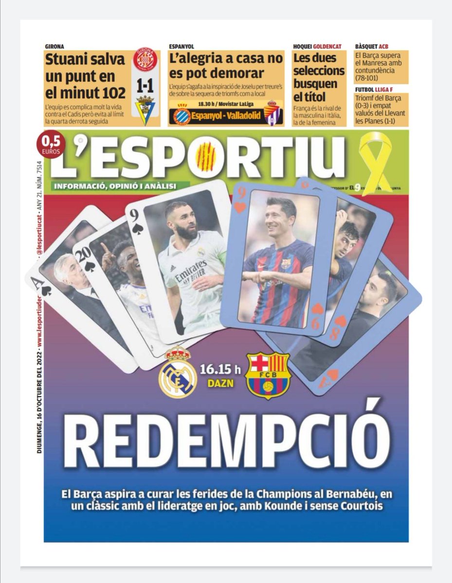 #portada <a href="/lesportiuCAT/">L'Esportiu de Catalunya</a>

Redempció
El <a href="/FCBarcelona/">FC Barcelona</a> aspira a curar les ferides de la <a href="/ChampionsLeague/">UEFA Champions League</a> al Bernabeu, en un clàssic amb el lideratge en joc, amb <a href="/jkeey4/">Jules Kounde</a> i sense <a href="/thibautcourtois/">Thibaut Courtois</a>
