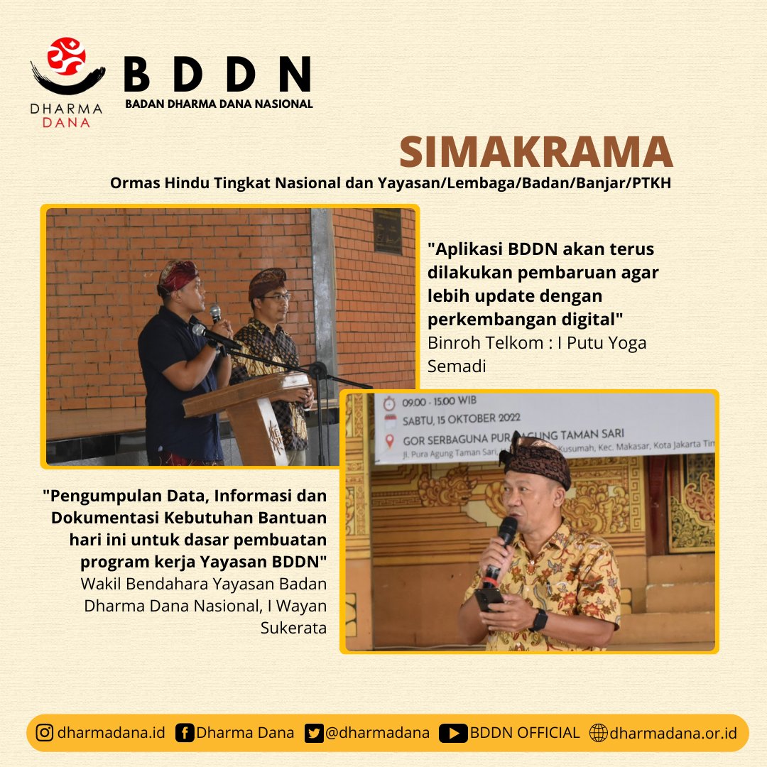 DharmaDana's tweet photo. Om Swastyastu
Telah terselenggara Simakarama Yayasan BDDN bersama dengan Ormas Hindu Tingkat Nasional, Yayasan, Lembaga, Badan, Banjar, dan PTKH di GOR Serbaguna Pura Agung Taman Sari.
Kegiatan yang dilaksanakan secara daring dan luring diikuti oleh 150 peserta.
#Simakrama https://t.co/o81a4wQoJE
