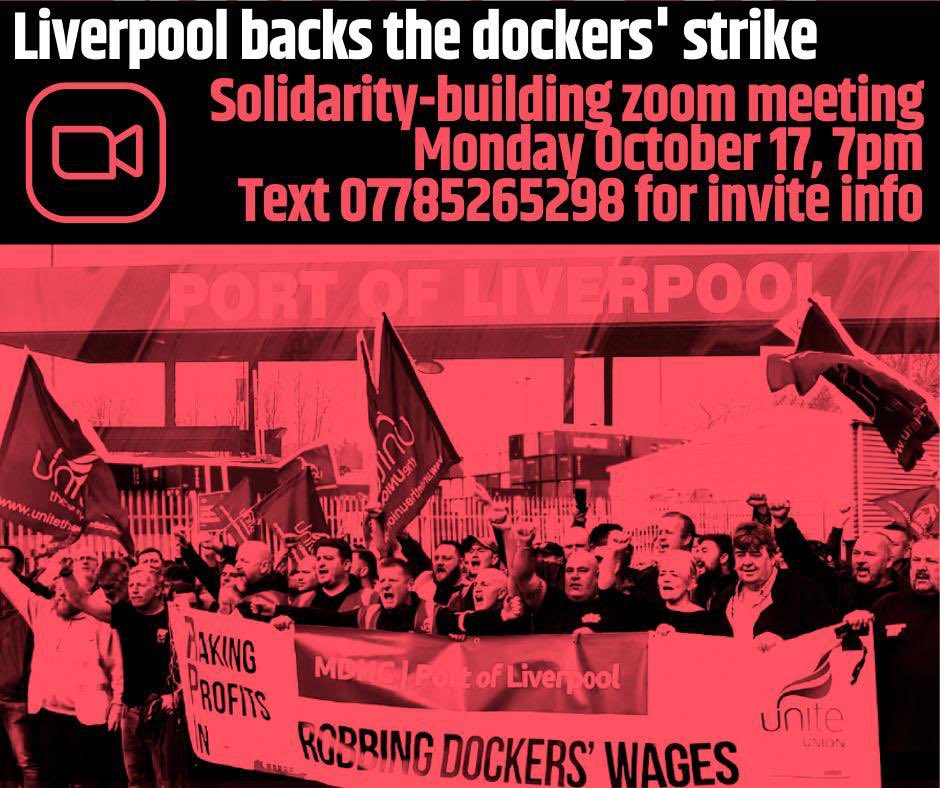 Morning comrades 👇🏼

We all know that solidarity matters when it comes to #strike action. 

Join us tomorrow to plan concrete ways we can back the #LiverpoolDockers in their dispute.

#Solidarity #zoom #Liverpool