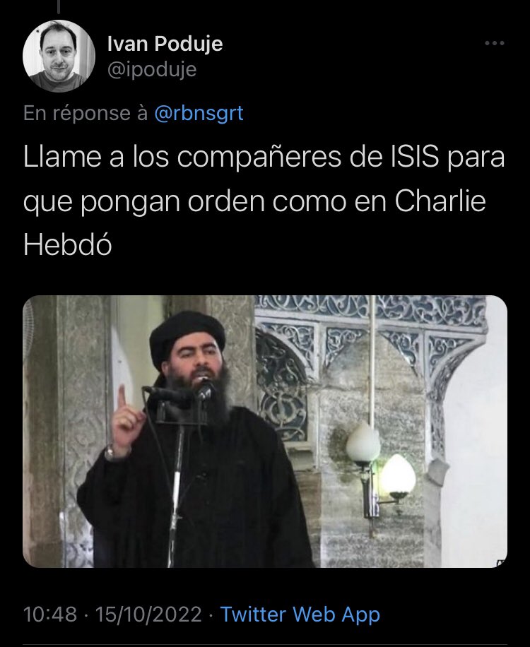 FLANEUR_54's tweet photo. Señores @ambafrancecl :este es @ipoduje , apologista del terrorismo que hace befa de un gran crimen. Viaja frecuentemente a Francia. 
El tuit lo borró. https://t.co/vB3pI6lnec