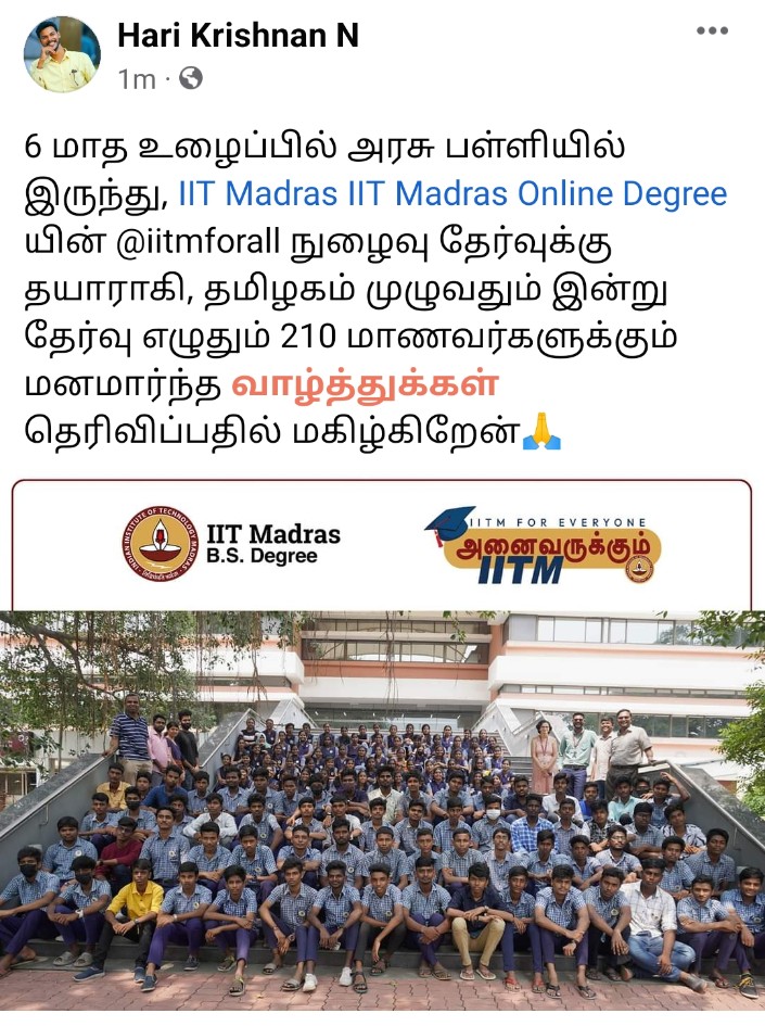 ActivistHari's tweet photo. Happy to share this wonderful news
@iitmadras @iitm_bsc @iitmforall
Best wishes to all the Government school students from Tamilnadu.
Special thanks to our Director #kamakoti
@mkstalin @anbin_s @KakarlaUsha @CMOTamilnadu @chennaicorp @GSBediIAS @snehadivakaran
#CEOMars #BSTeam https://t.co/l8HI79vTcr