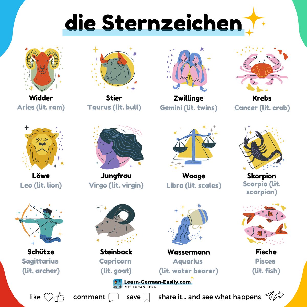 LearnXDGerman's tweet image. 🇩🇪

♈♎♋ Do you know your zodiac sign in German?

Well, today you can learn it! Make sure you save the picture so you always have your cheat sheet!

What is your zodiac sign? 😊

More German vocabulary:
learn-german-easily.com/german-vocabul…
___
#learngermaneasily #learninggerman #germanwords