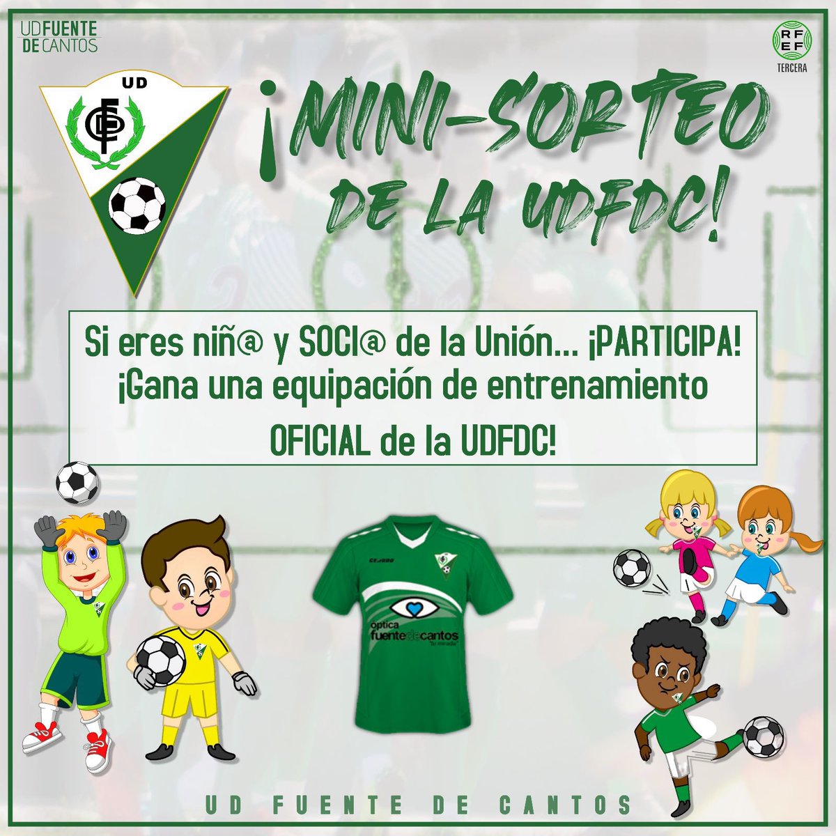 UDFDC's tweet photo. #sorteoInfantil
Hoy para nuestros pequeños “grandes” soci@s…vamos a regalarles una camiseta de entrenamiento de nuestro equipo #juvenil.
En el descanso, el resultado 💚
Si eres menor de 14 años, hazte soci@ por solo 10€!!! https://t.co/5JzYvnadYg