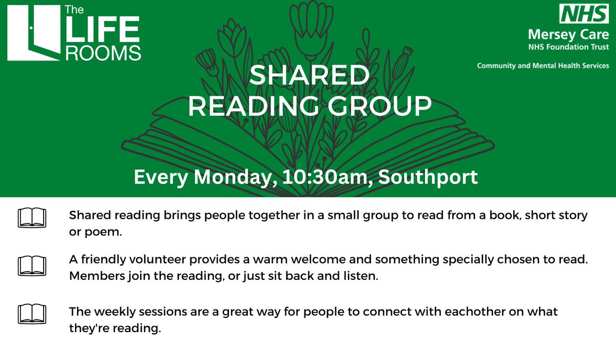 The Life Rooms Southport holds a Shared Reader group every Monday at 10.30am!  All abilities welcome 💚

#reading #readinggroup #wellbeing