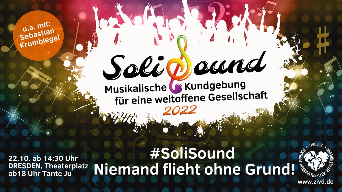 aid_collective's tweet photo. Am 22.10 wollen wir auf dem #SoliSound in #Dresden gemeinsam mit euch ein Zeichen für Zusammenhalt und #Solidarität mit geflüchteten Menschen aus allen Ländern setzen. 

@ZIVD_eV hat dazu auf Theaterplatz ein buntes, musikalisches Programm organisiert: https://t.co/pLHdhgIECk
1/3 https://t.co/DA99E2QIlc