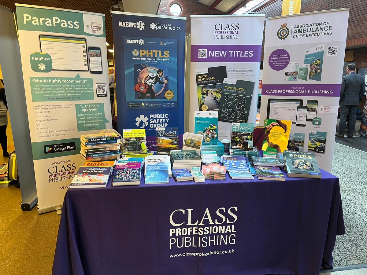 classprofession's tweet photo. We’re all set up at #TraumaCare 2022, so great to be back! Make sure you pop over to meet Emily &amp; Kat and browse our large range of books. Conference discounts are on offer! #JRCALC2022 #ParamedicStudent @TraumaCareUK @AACE_org https://t.co/OJPgGG4fQx