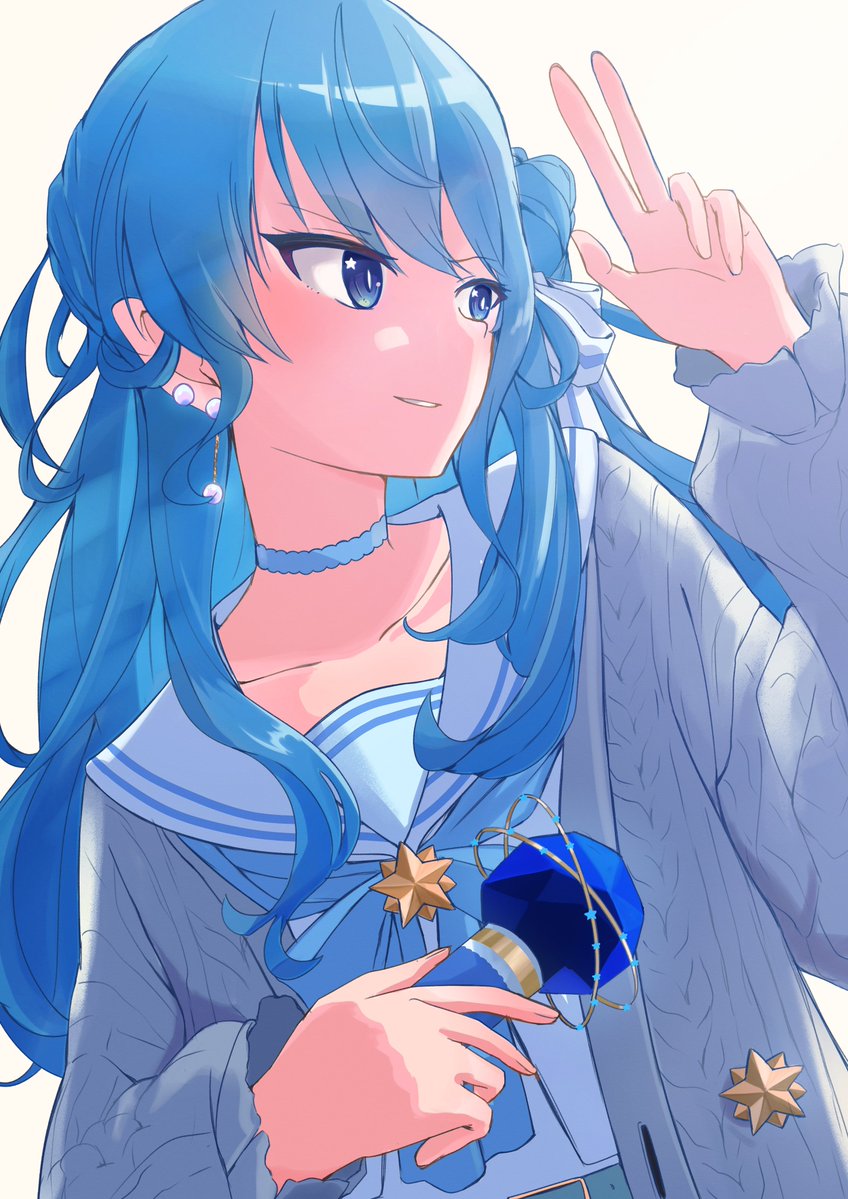 hoshimachi suisei 1girl blue hair blue eyes solo star (symbol) long hair microphone  illustration images