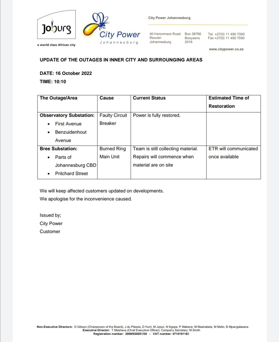 CityPowerJhb's tweet photo. Region F #Siemert
Power is fully restored to customers who were affected by #ObservatoryOutage #Betrams
Bree Sub, team is still sourcing out material. #JoburgCBD #Pritchard
^DR https://t.co/kzTpivUoZL