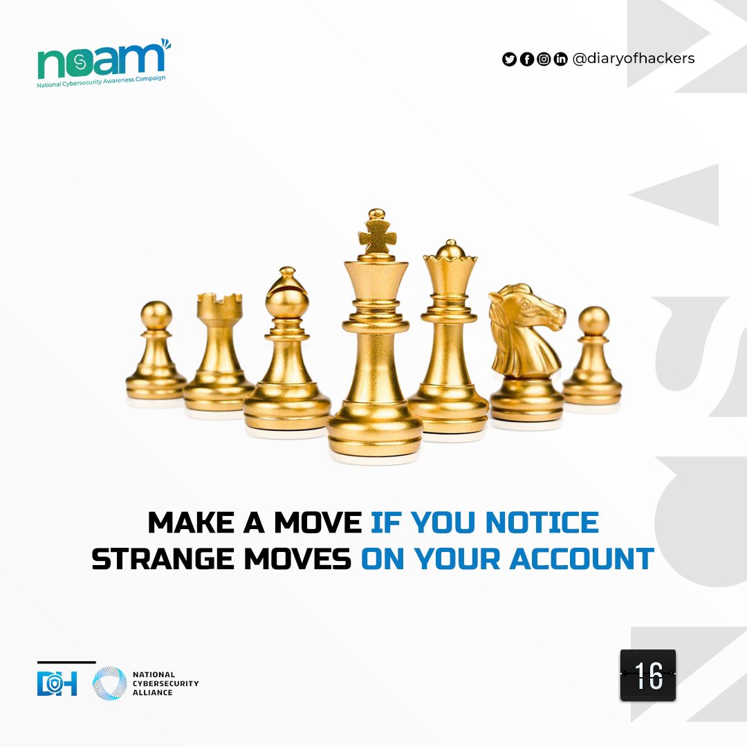 DoHAfrica's tweet photo. Day 16 of 31.

Notice any unusual activity from your account?

Assume its nothing and go on with your life...🚩

Report to relevant institutions immediately...🏳️

Nothing is what it is most times. Keep your eyes peeled👀👀.

#NCSAM22
#SeeYourselfInCyber
#Onlinesafety https://t.co/lHT8aKJxL3