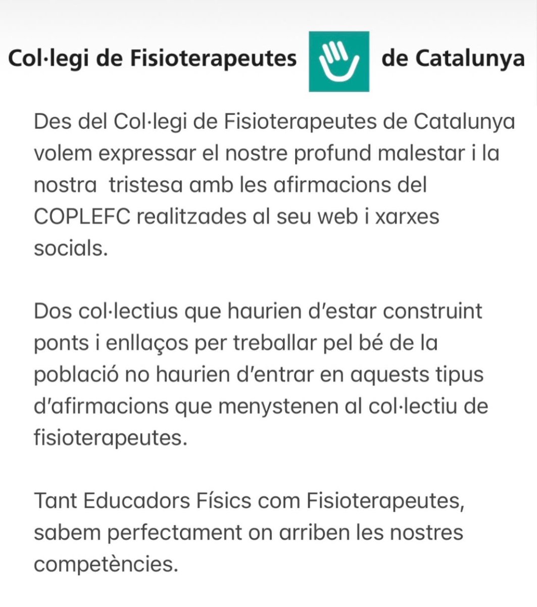 ColFiCat's tweet photo. En relació al post del @coplefc i la informació de la seva web on equipara fisioterapeutes a Runners, influencers, esportistes en actiu… la JG emet el següent comunicat. 

Al nostre entendre mereix una rectificació inmediata del @coplefc https://t.co/09guosfgiH
