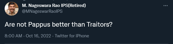 ZeroPointGuy's tweet photo. @MNageswarRaoIPS Yes, Nagu. Pappu is better than Traitors like You. At least he has the balls to openly support his Party, not like you who in the mask of Hindutva first supported the Anti-Hindu KCR &amp; now Supports C0ngis. https://t.co/IGYgzLiIot