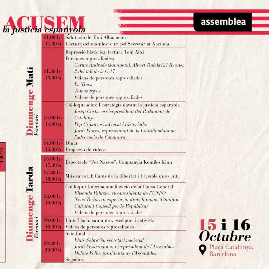UniversitatsANC's tweet photo. ⛺️ A l'acampada #NosaltresAcusem, aquest diumenge 16 d'octubre:

▶️Col·loqui sobre l'estratègia davant la justícia espanyola, amb @josepcosta @pep_cruanyes i Jordi Flores de @AdvoCATsPerCAT 

▶️ Internacionalització de la Causa General amb @epaluzie i @casals_neus https://t.co/FvGTcQntGQ