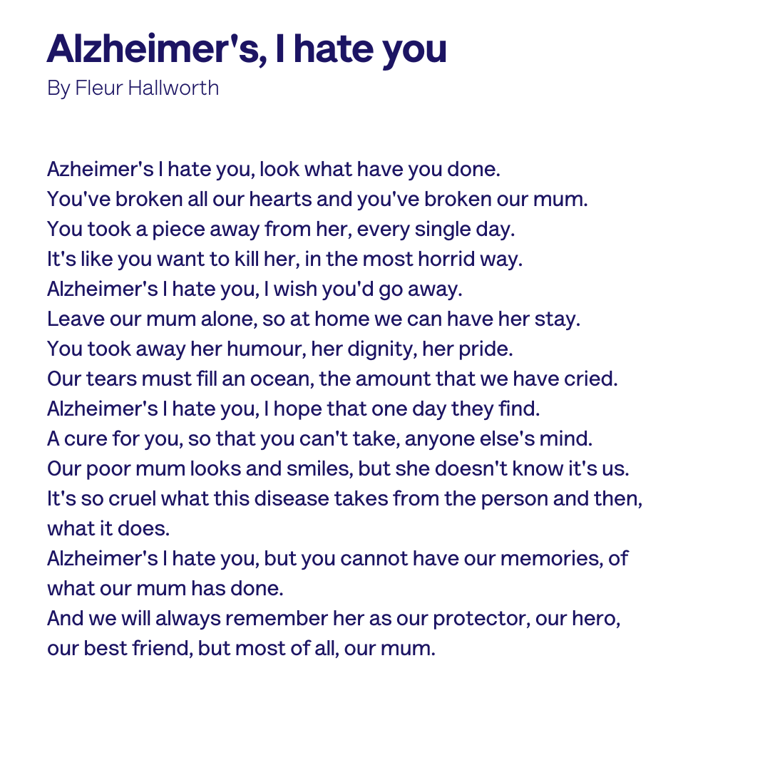 alzheimerssoc's tweet photo. ‘And we will always remember her as our protector, our hero, our best friend, but most of all, our mum.’ This poem was written by Fleur Hallworth for her mum, who is living with dementia. If you need support, please call our Dementia Connect support line on 0333 150 3456. https://t.co/B0qjTbR4lS