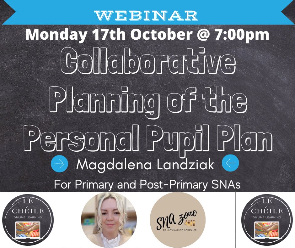 A recording of this webinar will be shared with all registrants.

➡️Webinar for SNAs;

➡️Collaborative planning of the ‘Personal Pupil Plan’

<a href="/SNAAGIre/">SNA_Advocacy_Group</a>  <a href="/SNAsSpeakOut/">SNAsSpeakOut (Carol) #RespectForSNAs 💙</a>  @Equality4SNAs 

lecheileonlinelearning.ie/webinars/snas/…