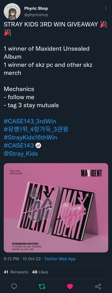 SUNNIX_cart's tweet photo. @phyricshop @Stray_Kids #CASE143_3rdWin
#뮤뱅1위_4랑가득_3관왕
#StrayKids16thWin
#CASE143
@Stray_Kids
@threerracha @seukijeucart @pixielartiee <33 https://t.co/Gth8jhrSC8