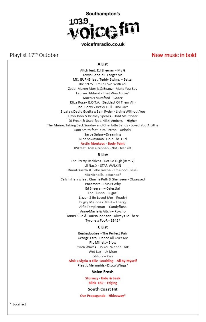 ❗NEW PLAYLIST❗

💿 <a href="/ArcticMonkeys/">Arctic Monkeys</a>
🎵 <a href="/alokoficial/">Alok</a> x <a href="/SigalaMusic/">Sigala</a> x <a href="/elliegoulding/">Ellie Goulding</a> 

#VoiceFresh
✅ Stormzy
✅ <a href="/blink182/">blink-182</a>

#SouthCoastHit
🔊 <a href="/OurPropaganda/">𝗢𝗨𝗥 𝗣𝗥𝗢𝗣𝝠𝗚𝝠𝗡𝗗𝝠</a>

voicefmradio.co.uk/playlist