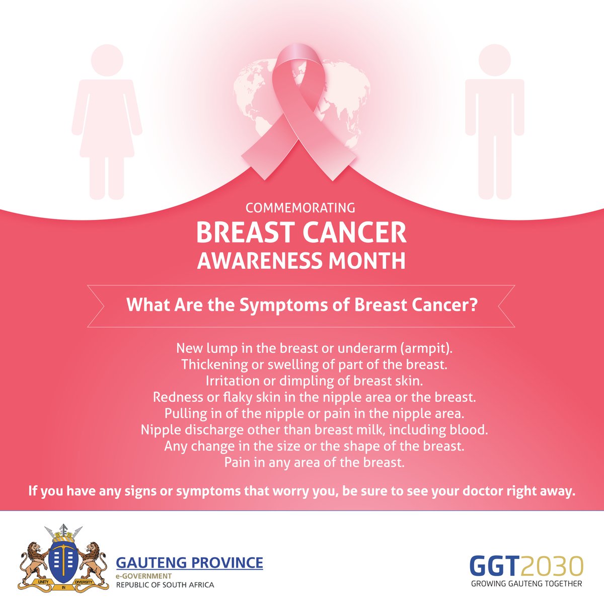 GautengeGov's tweet photo. Every year, the month of October is dedicated to spreading awareness about #breastcancer. These are a few breast cancer symptoms. Please visit a doctor right away if you experience any of these symptoms. Defeat breast cancer together. #beatcancer #stopcancernow https://t.co/O0SeBcy7V4