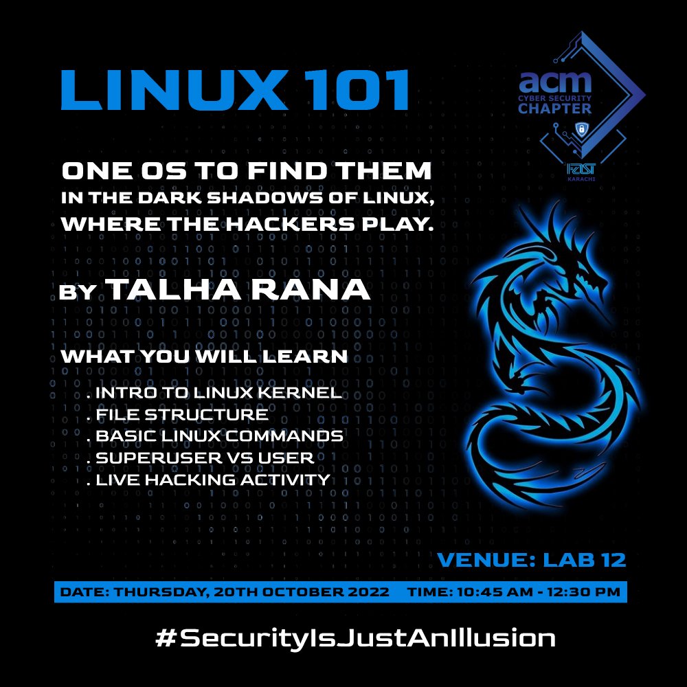 acm_cys's tweet image. we invite you to our workshop!

In our session, “Linux 101” by Talha Rana we will explore the world of Linux and break things down step by step in a much more comprehensible manner that no one would have taught you before.  

#SecurityIsJustAnIllusion