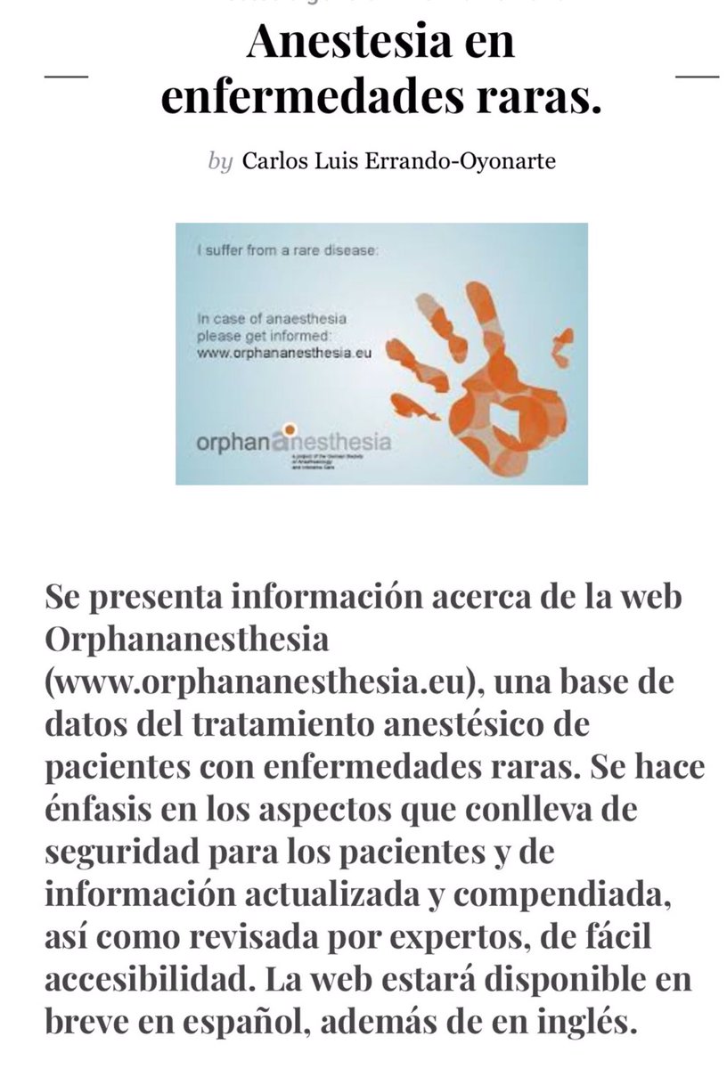NoInvisibles's tweet photo. Es #DíaMundialDeLaAnestesia #WorldAnaesthesiaDay 
Volvemos a esta entrada de @AnestesiaR con info y enlace a la web #Orphananesthesia, una base de datos del tratamiento anestésico de pacientes con enfermedades raras #EERR
Ya en español🇪🇸 gr. @sedar_es👍👇
https://t.co/rNo5szoQZF https://t.co/2on1YNJgX2