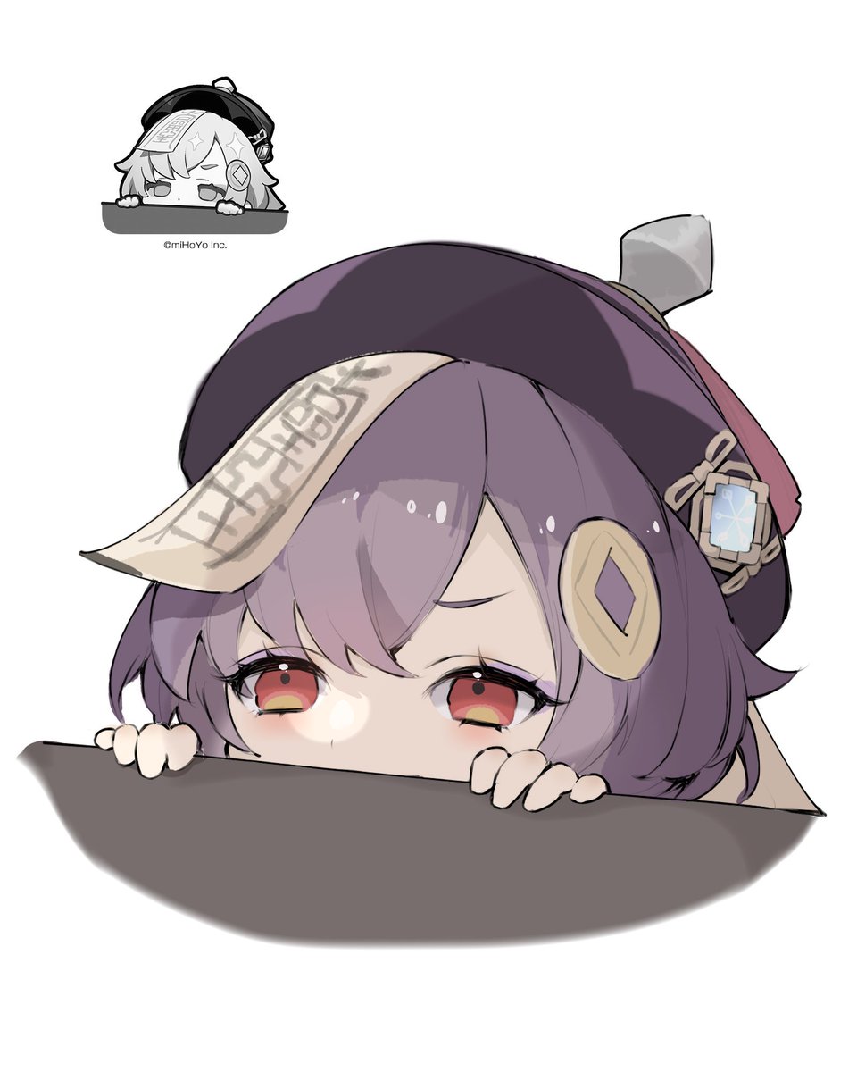 qiqi (genshin impact) 1girl hat purple hair white background hair ornament simple background red eyes  illustration images