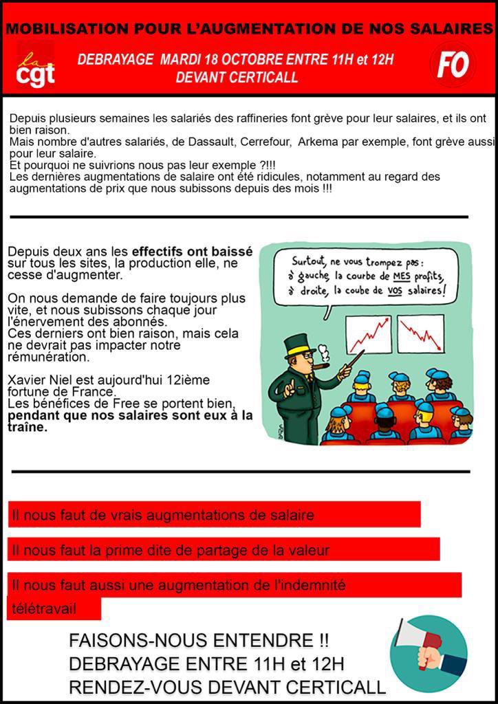 CerticallFo's tweet photo. Grève chez CERTICALL le 18/10/22

FO et la CGT s’allient pour défendre NOS intérêts. 

Le  point essentiel est le salaire trop bas au vu de l’inflation, au vu des excellents résultats d’iliad !

Nous souhaitons un partage juste 
#Débrayage des 11h 

@Xavier75 @TomReynaud1789 https://t.co/pgyYmGKy0o