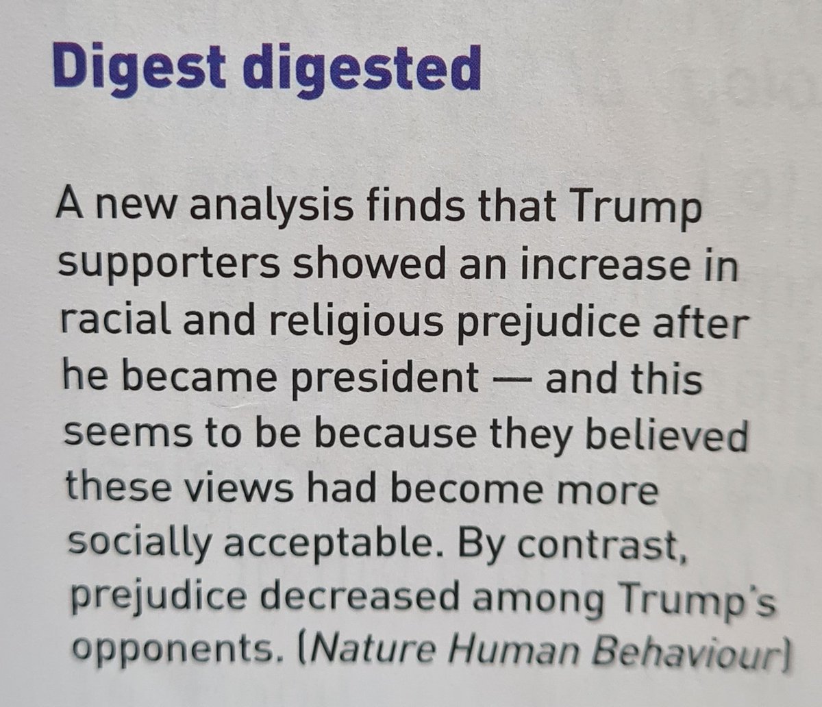 An interesting pithy reference to research article in Nature Human Behaviour (now in context of #Jan6Hearings) mentioned monthly psychology magazine The Psychologist, June 2022, on  prejudice  acceptability of beliefs, ... and Trump @psychmag > >