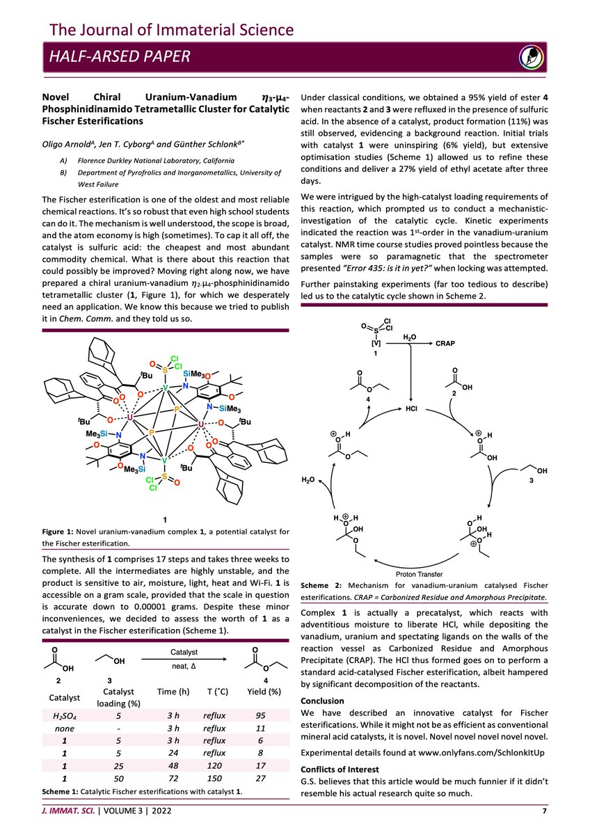 JImmatSci's tweet photo. A novel uranium-vanadium catalyst for the Fischer esterification. https://t.co/s7j5St0ZK7
