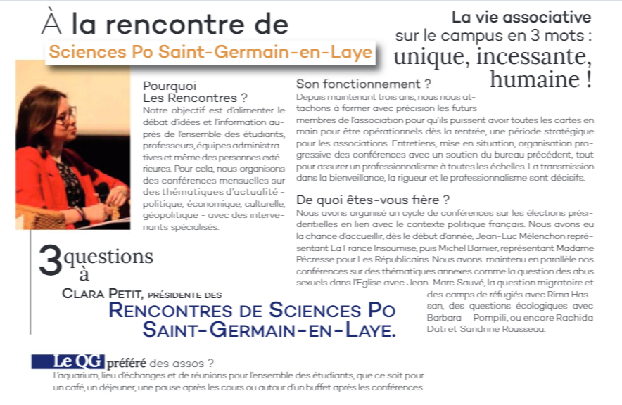 RencontresStGer's tweet photo. Les @RencontresStGer et @SciencesPoSGL sont à l'honneur dans la nouvelle revue du @mondedesgeu "Tour de France des #SciencesPo" !  Retrouvez-y l'interview de notre ex-présidente Clara Petit à la page n°51. https://t.co/PPqL3mrWL4 https://t.co/agF0sQNQLC