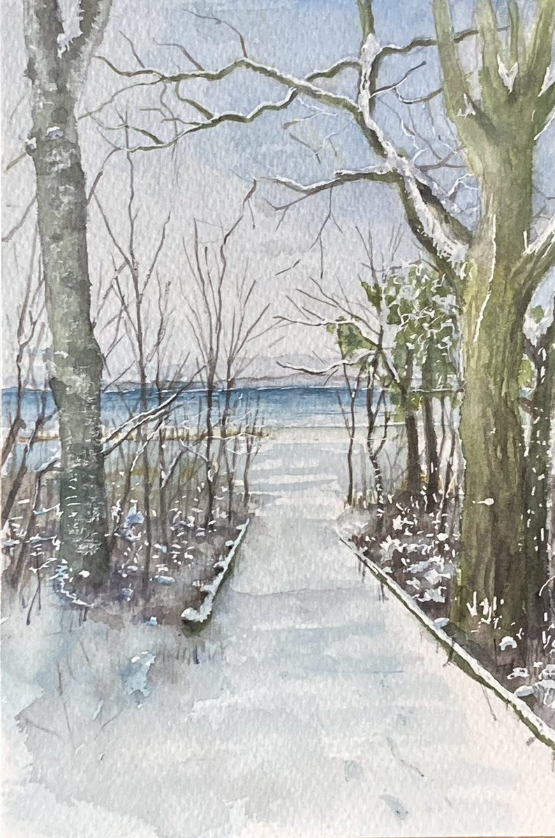 ⭐️今日の一枚 [ SMサイズの試し描き ] 大サイズに、冬の絵を描きたくてまずSMサイズに試し描きしてみました。北海道 大沼国定公園の雪景色です〜 [まさきさんの投稿写真から描かせていただきました] ウォーターフォードSM+透明水彩 #Watercolor #水彩画 #透明水彩 #landscape #風景画 #アナログの本気